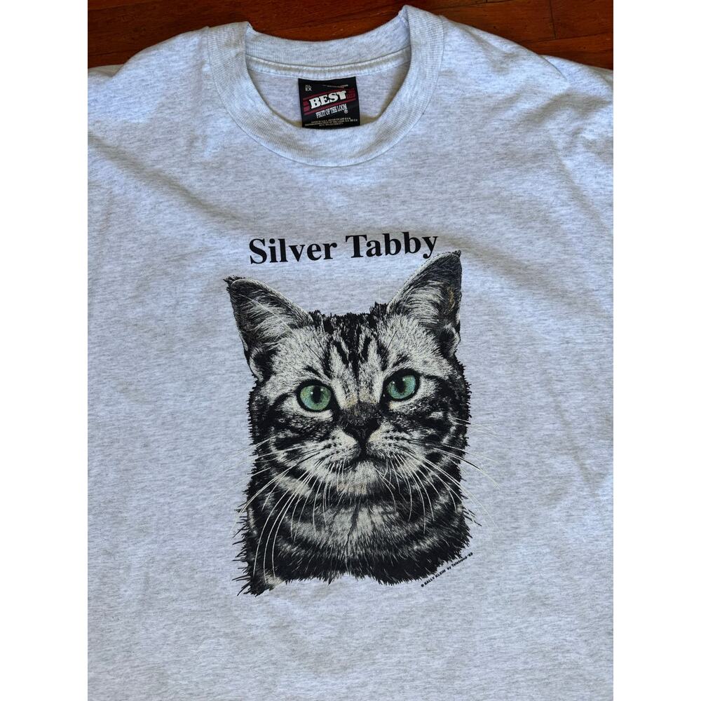 Vintage 90s Fruit of the Loom Single Stitch Gray Tee Silver Tabby Cat T Shirt XL